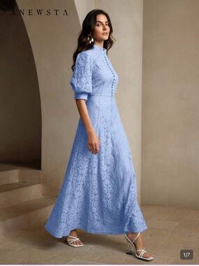 Anewsta Light Blue Lace Maxi Dress with Puff Sleeves